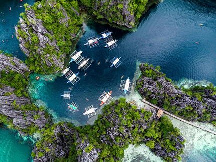 aerial view of outriggers moored close together