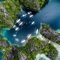 aerial view of outriggers moored close together
